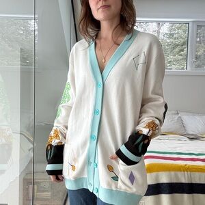 100% cotton playful white and Blue Cardigan Sweater large